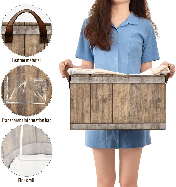 Rust Light Brown Wood Grain Storage Basket Foldable Cube Storage Bins with Handles&Label Collapsible Organizer Box Bin Large Rectangle Decorative Baskets for Shelves Home Living Room Closet, 2 Pack