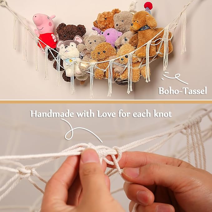 YKBU Stuffed Animals Hammock Corner Hanging Net Macrame Stuffed Animal Storage Plush Toy Holder Toy Organizer for Boho Nursery Playroom Bedroom Kids Room (cream, Large)