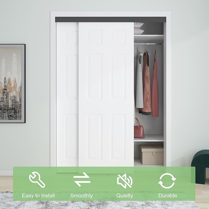 5FT/60(Double 2.5FT) Bypass Door Hardware, Aluminum Double-Closing Sliding Closet Door Hardware with Finger Pull Included, Smoothly and Quietly, Fit Door Thickness 1 3/8" or 1 3/4", Black