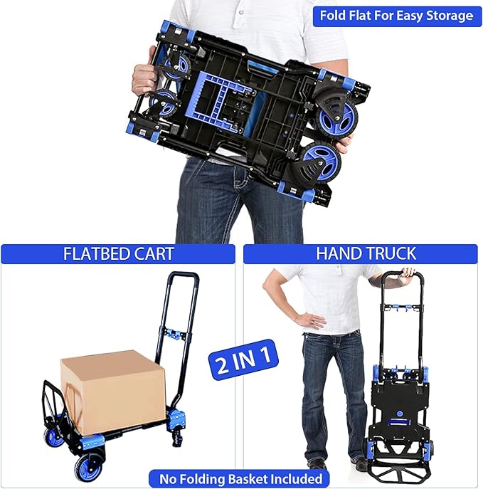Folding Hand Truck Dolly with Folding Basket, 330LBS Capacity Carts with Wheels 2 in 1 Platform Truck, Push Cart Dolly with 4 Wheels and Retractable Handle