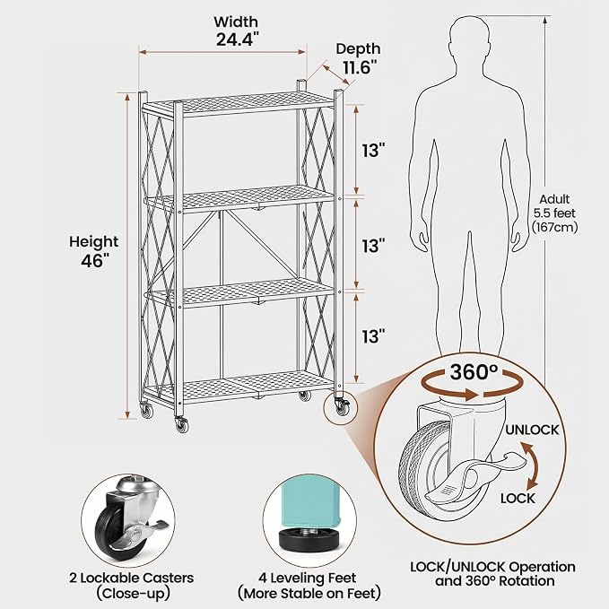 ALANNG 4 Tier Folding Storage Shelf on Wheels,Heavy Duty Metal Rolling Cart | 264 lbs Capacity, No Tools Assembly, Folds to 3.9", Lockable Casters, Portable for Kitchen Laundry Garage