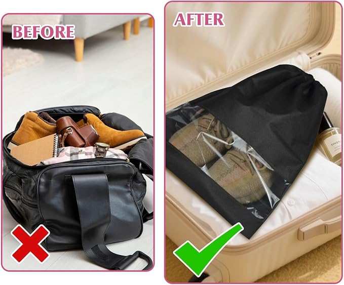 10 Pack Shoe Bags for Travel, Drawstring Bag for Men Women, Shoe Storage, Travel Essentials, Organization Accessories (10, Black)