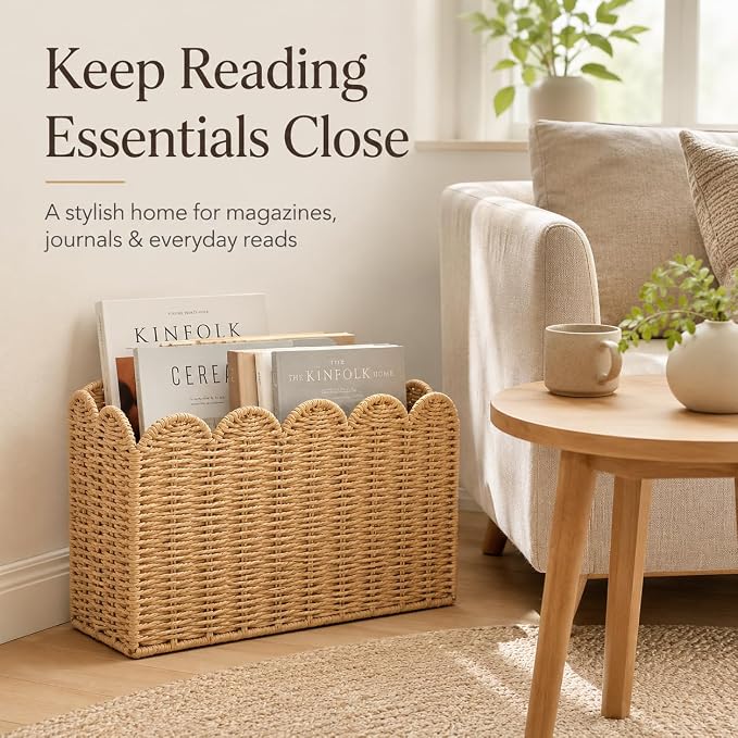 Paper Rope Magazine Holder, Tall Narrow Scalloped Basket | Handwoven Paper Rope Narrow Basket for Magazine Storage, Book basket, Mail Organizer, File Holder 15"L x 6"W x 11"H