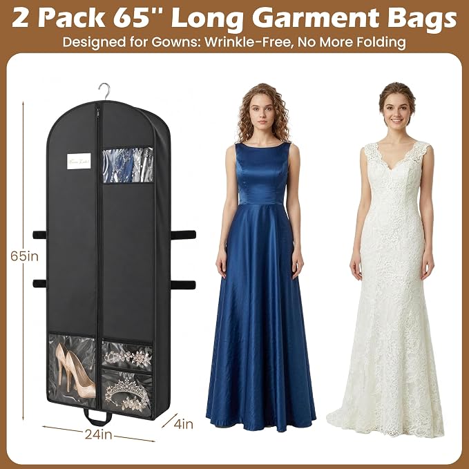 65" Long Garment Bags, Waterproof Travel Dress Bags for Hanging Clothes, Wedding Dress Cover Clothes Protector for Closet Storage, Suitable for Gowns, Tuxedos, Coats, Black