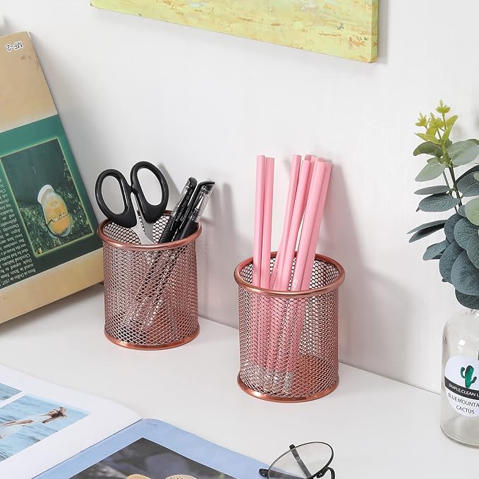 PAG Pencil Holder for Desk, 2 Pack Desktop Pen Cup, Office Supplies Rose Gold Desk Organizers and Accessories Organization, Makeup Brush Holder, Copper