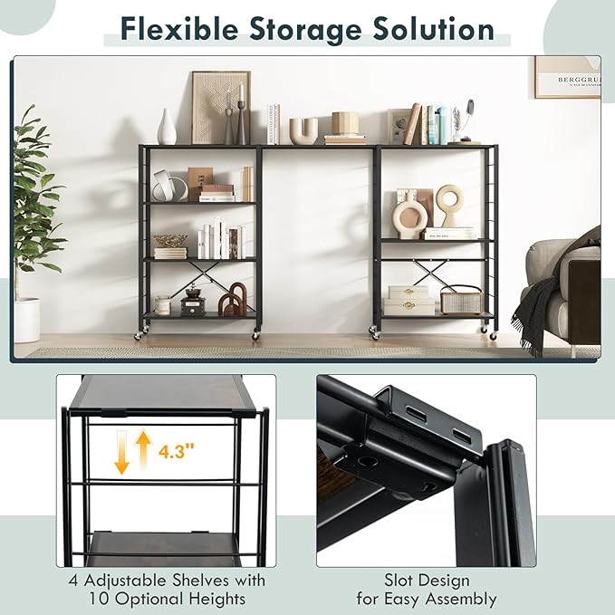 Giantex 4-Tier Folding Storage Shelf of 2, Collapsible Shelving Unit with Lockable Wheels & Adjustable Shelf, Heavy-Duty Organizer on Wheels, Storage Rack for Tool Room, Garage, Kitchen