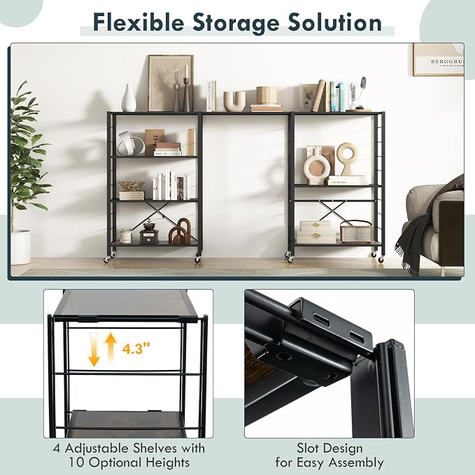 Giantex 4-Tier Folding Storage Shelf, Collapsible Shelving Unit w/Lockable Wheels & Adjustable Shelf, Heavy-Duty Storage Organizer on Wheels, Storage Rack for Tool Room, Garage, Kitchen, Living Room