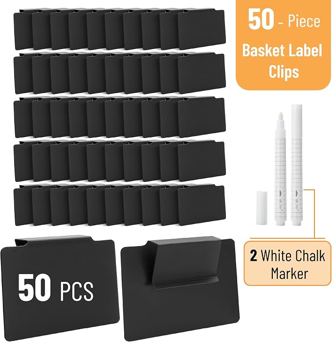 Mr. Pen- Basket Labels Clip On Set, 52 pcs | 50 Removable Bin Labels Clip On with 2 Chalk Markers, Basket Tags, Bin Clips