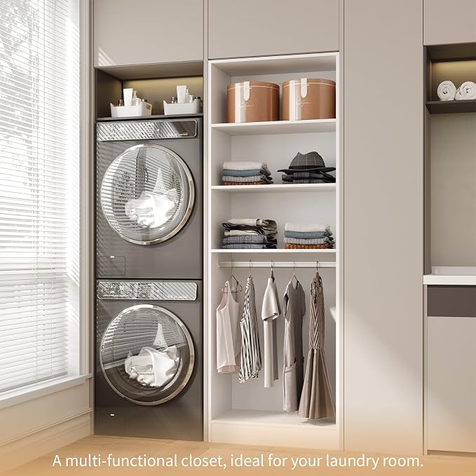 VOWNER 25'' Closet Organizer System Small Freestanding Closet System | 3 Adjustable Shelves, 1 Hanging Rod, White Modular Closet System for Small Closet, Space-Saving, Easy Assembly