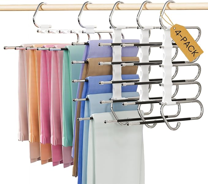 DAMITA Pants Hangers Space Saving - 4 Pack 5 in 1 Layers No Need Installation - Stainless Steel Metal Jeans Hangers - White Closet Organizers and Storage Anti-Slip Design for Pants Scarf Legging