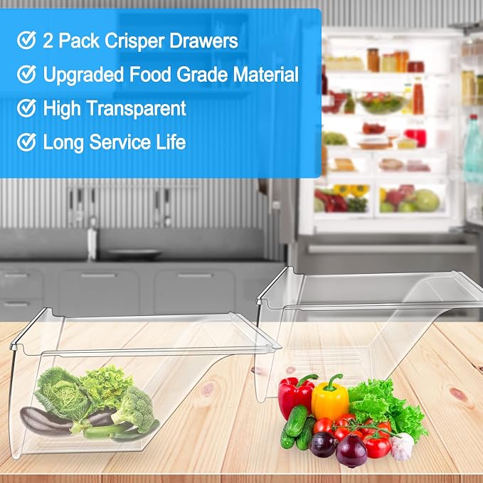 [2 PACK] Upgraded 240337103 Refrigerator Crisper Drawers Bins Compatible with Frigidaire Drawer Replacement 240337102 Kenmore Refrigerator Drawer,Frigidaire Crisper Drawer Replacement Fridge Drawer