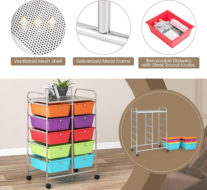 COSTWAY 10 Drawer Rolling Storage Cart, Utility Cart with Lockable Wheels | Mobile Art Supply Craft Organizer with Metal Frame, Multipurpose Drawer Cart for Paper for Office, School, Multi-color