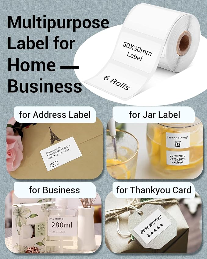 Phomemo 1.97"x1.18"(50x30mm) Label, 6 Rolls M110/M110S/M120/M200/M220 Thermal Paper - Multi-Purpose Square Self-Adhesive Label, 230 Labels/Roll, Black on White, Total of 1380 PCS
