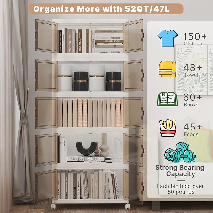 UAMFURI Stackable Storage Bins with Lids 240QT-48QT*5Pack Folding Storage box with Doors and Wheels, Collapsible Plastic Bins Stackable Organizer and Containers for Home, Garage, Office