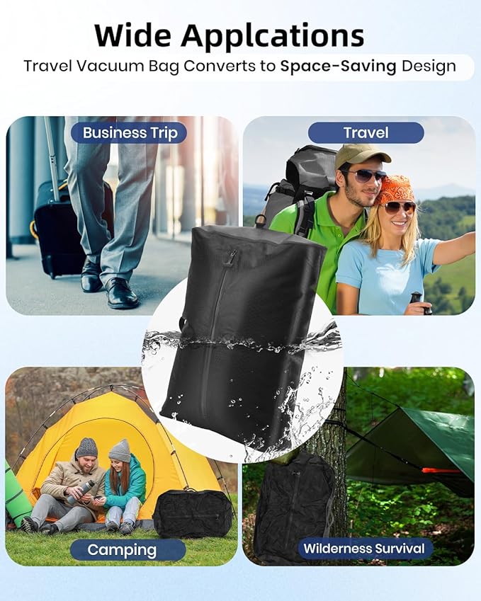 2 Vacuum ReusableTravel Vacuum Pack bags, 33L Space-Saving Vacuum Compression Bags for Travel Luggage, Suitcases, and Backpacks; IPX7 Waterproof & Reusable Vacuum Packing Cubes for Clothing (+Pump)