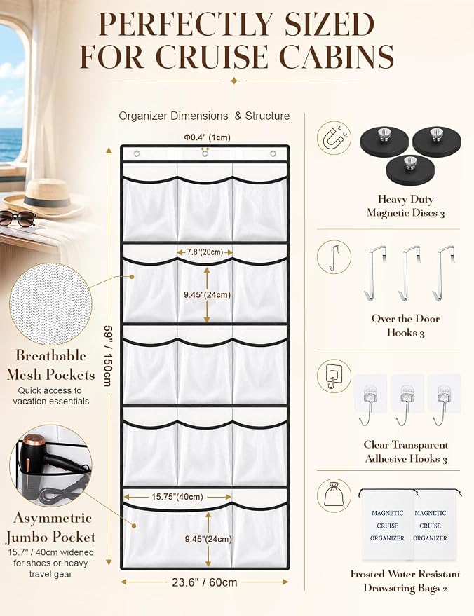 Magnetic Cruise Cabin Over The Door Shoe Organizer, 14-Pocket Mesh Bag | 14 size-graded mesh pockets; 3-way hanging with 3 magnets or 6 hooks; 2 bags for cabins, closets, bathrooms, RVs.