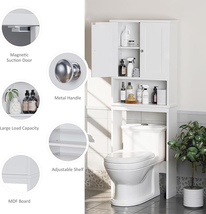 Over the Toilet Storage Cabinet, Bathroom Storage Cabinet White Organizer Over Toilet, Bathroom Space Saver with Adjustable Shelf, White