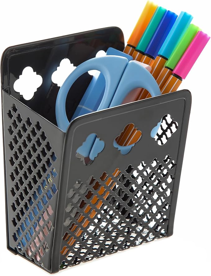 Magnetic Pen Holder, Mesh Metal Strong Magnet Dry Erase Marker Holder | Pencil Organizer Small Items Basket for Refrigerator, Whiteboard, Locker Accessories-Pack of 1, Black