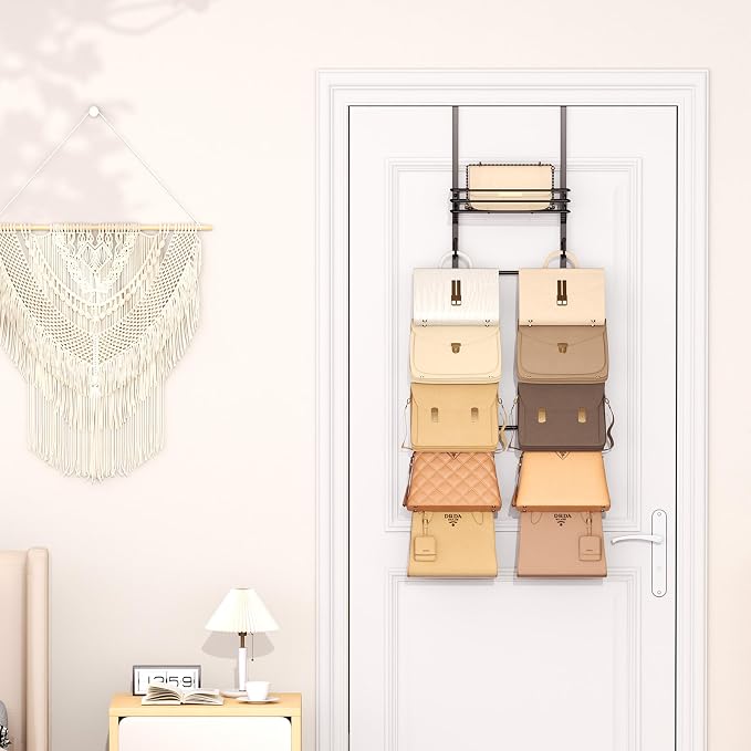 SWTYMIKI Over The Door Purse Organizer - Wall Mounted Handbag Organizer with 10 Hooks and Metal Basket, Hanging Purse Storage Rack Holds up to 10 Bags, Bag Rack Can Use As 1/2 Part, for Door, Closet