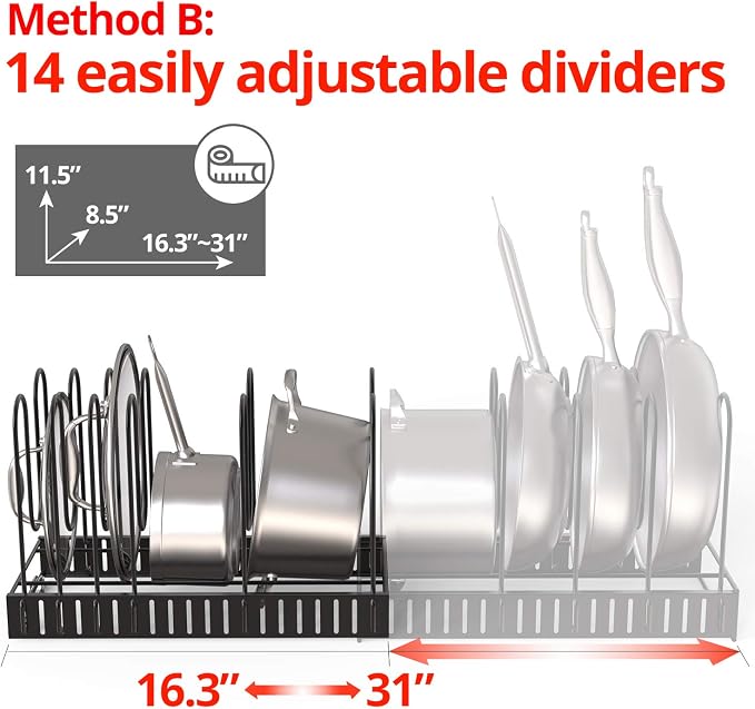 Vdomus Expandable Rack for Cabinets | Adjustable Black Pot Rack | 4 DIY Storage Positions | Holds up to 14 Pans, Pots, or Lids | Durable Iron Pot Stacker | Kitchen Organization | 8.5X 31x11.5