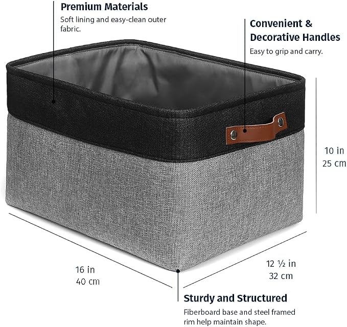 OrganiHaus 16x12.5in Canvas Storage Baskets 3 Pack | EXTRA LARGE Fabric Bins for Shelves | Linen Closet Organizer | Gray/Black