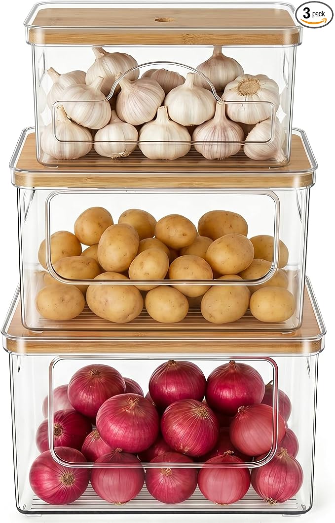Hudgan Potato Onion and Garlic Storage Bin for Pantry Organizers, 3 Packs | Stackable, Straight Side, Bathroom Countertop Storage with Bamboo Lid, Pantry Box, Can Good Organizer, Kitchen Space Saver