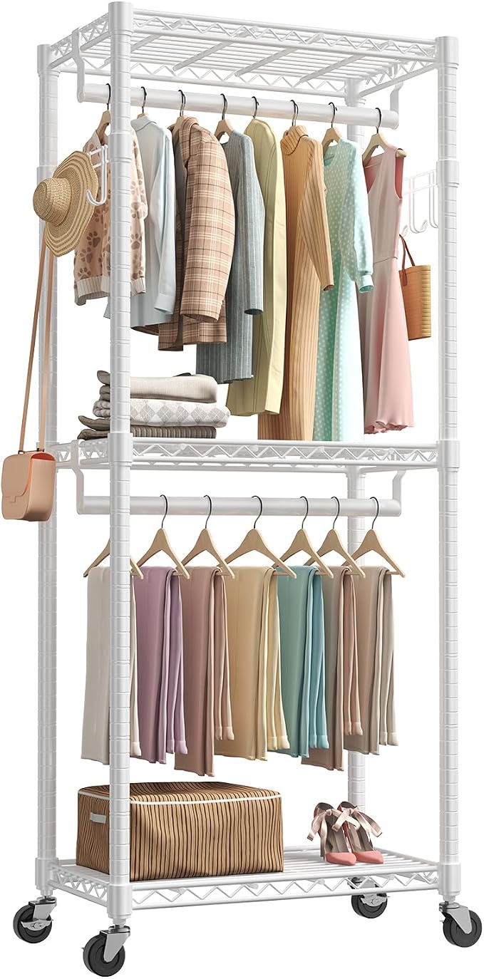 NEWBULIG Heavy Duty Clothing Rack with Wheels, 3-Tier Adjustable Wire Garment Rack, Metal Freestanding Closet Organizer System with Double Hanging Rods & 8 Side Hooks, 29" x 15" x 75", White