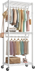 NEWBULIG Heavy Duty Clothing Rack with Wheels, 3-Tier Adjustable Wire Garment Rack, Metal Freestanding Closet Organizer System with Double Hanging Rods & 8 Side Hooks, 29" x 15" x 75", White