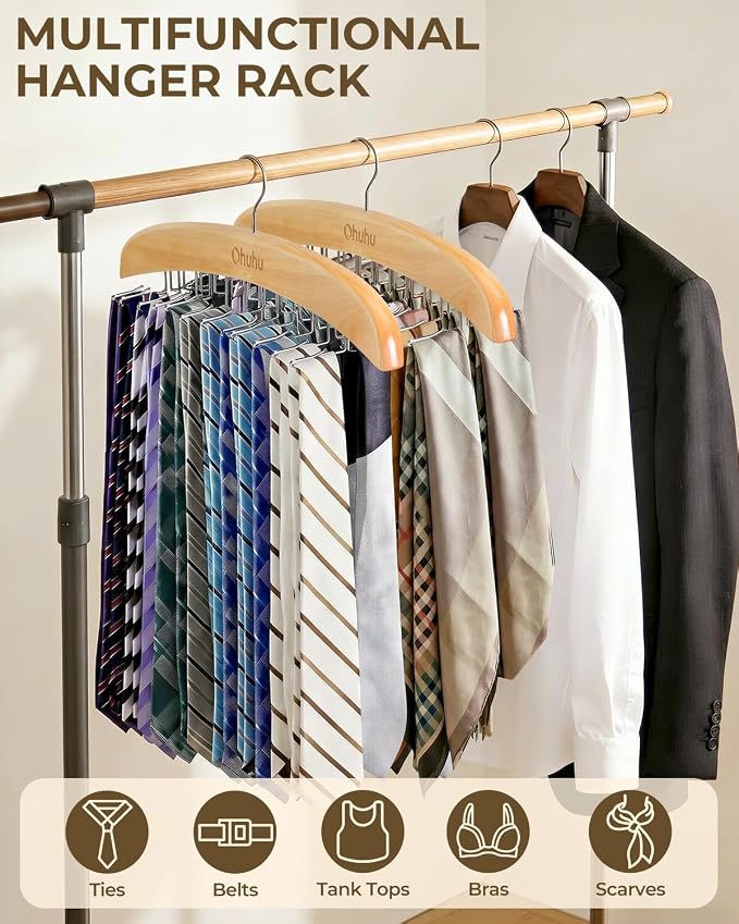 Ohuhu 24-Hook Wooden Tie Rack Organizer for Closet – Space Saving Hanger with 360° Rotating Anti-Slip Clips, Holds 24 Ties Securely Without Wrinkles – Premium Hardwood & Rustproof Steel