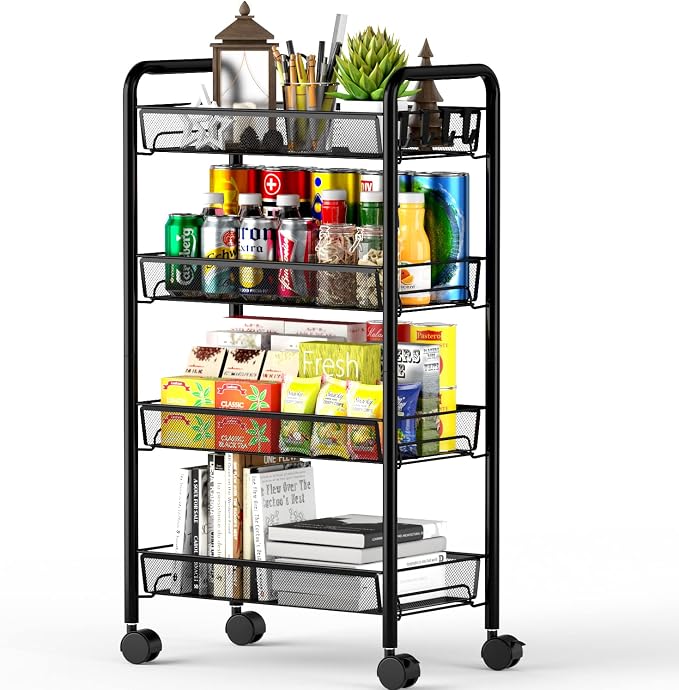 4-Tier Mesh Rolling Cart - 35 BLS/Tier Full Metal Cart with Wheel & 4 Hooks | Space-Saving 140bls Capacity Storage Organizer Crafts Utility Cart for Kitchen Pantry Office Bathroom Laundry Nursery, Black