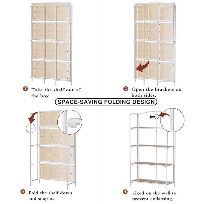 Crofy 4-Tier Wider Foldable Bookshelf, White Frame & White Oak Shelves | No-Assembly Collapsible Portable Storage Organizer; Sturdy White Oak Finish Shelves; Ideal for Living Room & Home Office