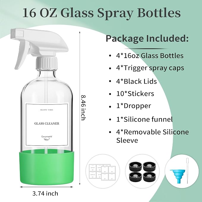 GIVAMEIHF 4 Pack Glass Spray Bottles with Silicone Sleeve,16oz Clear Glass Spray Bottles Refillable Empty Bottle with Adjustable Nozzle,Spray Bottle for Cleaning Solutions,Essential Oils,Pets,Hair