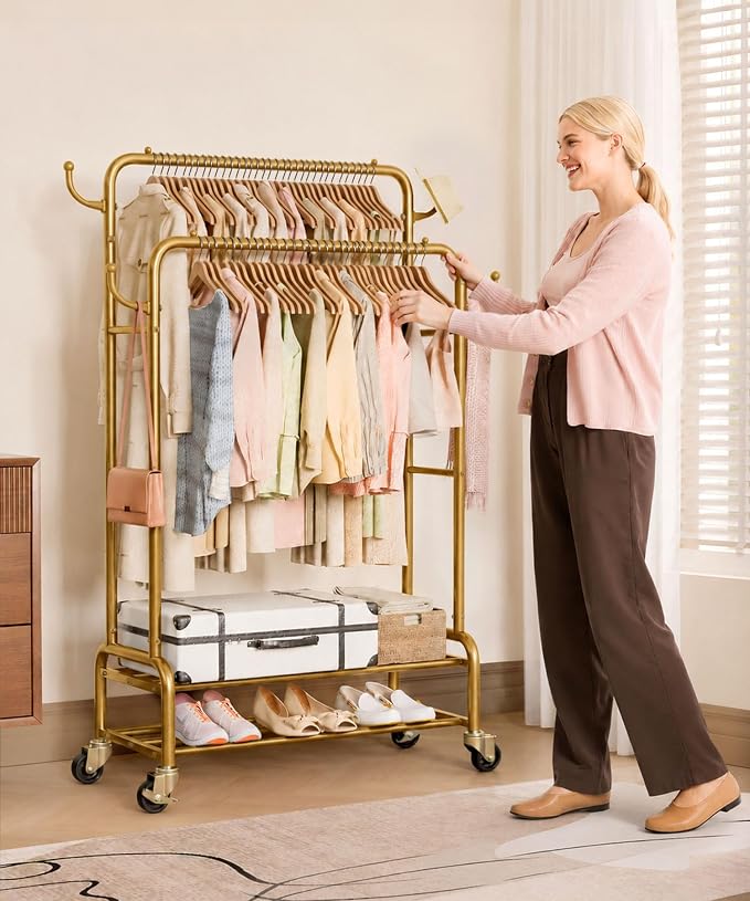 Homde Sturdy Garment Rack for Bedroom: 265 lbs Heavy Duty Clothes Organizer | 2 Hanging Rods Hold Coat to T-Shirt - Easy Roll & Park on Wheels - Metal Frame Stays Solid & Stable at Full Load