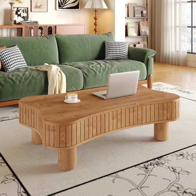 Lift Top Coffee Table with Hidden Storage Fluted Panel Silent Hydraulic Lift Curved Corners (Light Brown)