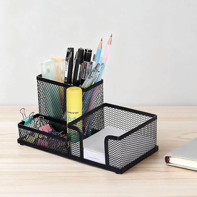 Comix Mesh Pen Pencil Holder Desk Organizer, 3 Compartment Wire Desktop Pen Pencil Cup Caddy Office Supplies Sticky Notes Holder for Home Office School, Black