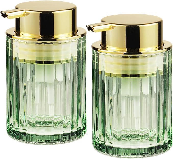 Foaming Hand Soap Dispenser, 8oz Refillable Sage Green Glass with Gold Pump, for Liquid Soap or Lotion, Vertical Ribbed Decor for Bathroom Vanity, Kitchen, Commercial Use - 2 Pack