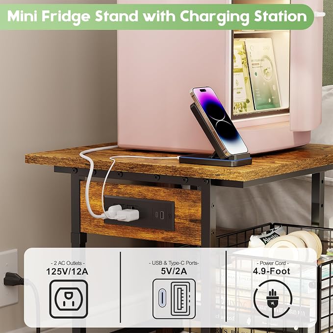 Hongtamoya Mini Fridge Stand with Storage and Power Outlet, Small Refrigerator Stand with Wheels, Mini Fridge Cart-Max Load 300 LBS Heavy Microwave Printer Stand Utility Cart for Dorm,Kitchen, Office