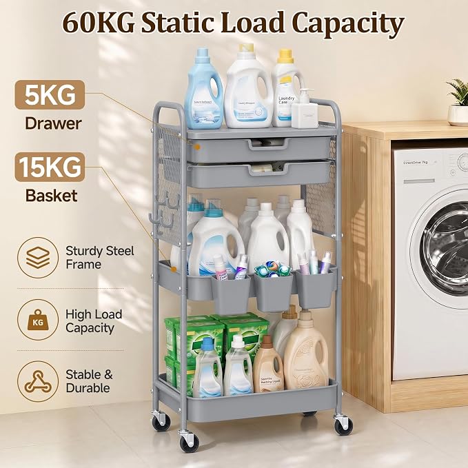 3 Tier Rolling Cart with 2 Drawers, Metal Utility Storage Carts with Wheels | Kitchen Rolling Cart 4.5" Deep Basket, Mesh Side Panel with 3 Cups, 4 Hooks for Office, Bedside, Craft Storage Cart