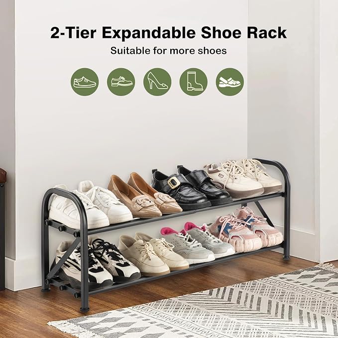 2-Tier Shoe Rack for Closet, 16"-32" Expandable Shoe Rack, Adjustable for Entryway Closet Doorway Sturdy Metal, Black