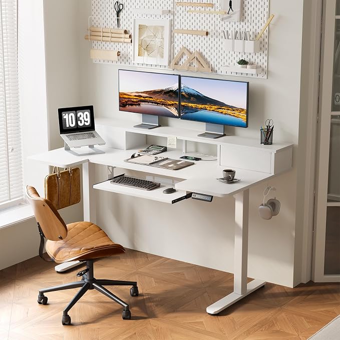 OffiGo 55 Inch U Shape Standing Desk with Keyboard Tray & Drawers, White | 3 Outlets & 2 USB Ports, Dual-Monitor Stand, 10 Colors & 10 LED Modes, 3 Presets, 28.3"-46.5"in Range, 154 lb Capacity