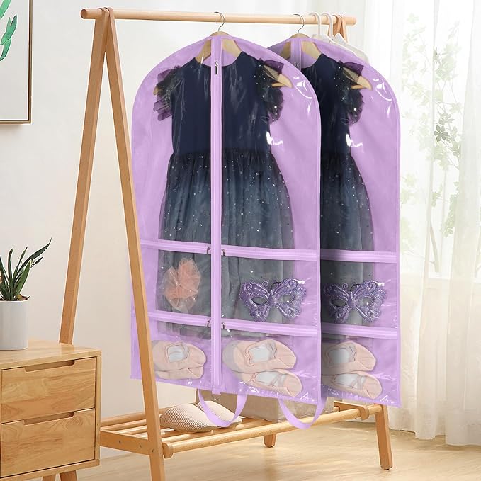 KEEGH 40 inch Clear Garment Bags for Dance Costumes, 6 Pack, Purple | 4 Zipper Pockets, for Dance Competitions, Ballet, Theatre, Dance Garment Bags for Dancers, Hanging Clothes for Closet Storage