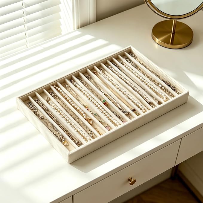Large Stackable Jewelry Tray 4 Pack Velvet Jewelry Display Drawer Inserts Trays Organizer for Earring Bracelet Necklace Ring (Beige, 17 Grids)