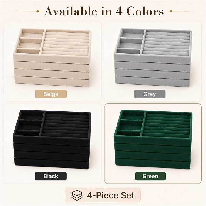 4 Pack Stackable Jewelry Organizer Tray Set - Velvet Display Case | for Rings Earrings Necklaces, for Drawer Organization, Can Stacked