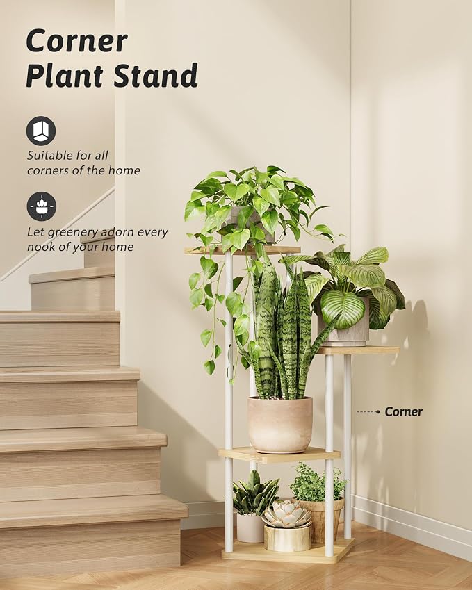 GENTINGBRO Tall Plant Stand Indoor 4 Tiered Plant Shelf for Multiple Plants Coner Shelf Stand Wood Plant Stand Metal Shelving for Living Room Bedroom Balcony Patio White