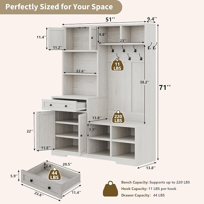 Einhomn 5-in-1 Hall Tree with Bench and Shoe Storage, 51" W Entryway Organizer Coat Rack with 9 Hooks, 2 Storage Cabinets, Drawer, Open Cubbies for Mudroom, Hallway, Living Room, Rustic White