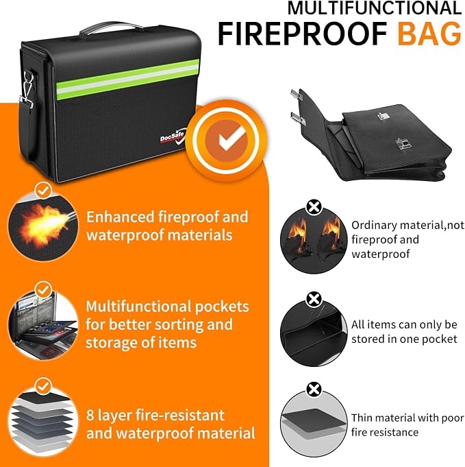 DocSafe 5200°F Large Fireproof＆Wate-Resistant Document Bag with Multiple Pockets,(17”x12.5”x7.2”) File Storage Organizer Important Document Holder
