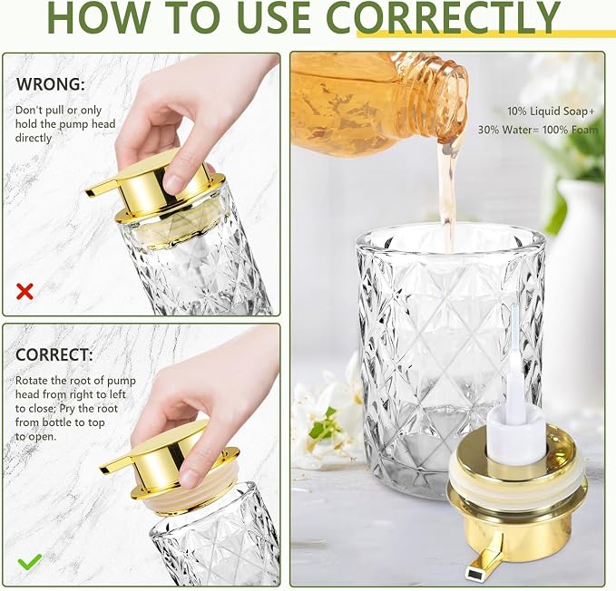 Glass Foaming Soap Dispenser 2 Pack Refillable Foaming Hand Soap Dispenser with Gold Large Pump Wide Opening for Bathroom Kitchen Countertop Modern Home Decor with Elegant Pattern, Transparent