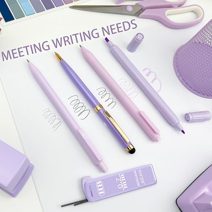 16Pcs Purple Desk Accessories- Purple Office Supplies with Stapler, Tape Dispenser, Pen Holder, Staple Remover, Hole Punch, Paper Clips, Pens, Cute Desk Set for Office Home School Women Students Gift