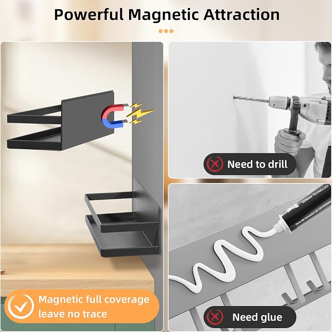Uten Large Magnetic Spice Rack for Refrigerator 2 Pack, Fridge Organizer | Metal black magnetic Schelves, capacity of up to 23lbs, for washing machine, 16"*4.5" and 12"*4"