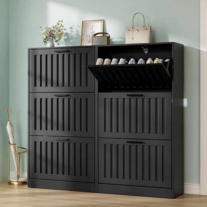 Shoe Storage Cabinet for Entryway with 3 Flip Drawers, Wooden Shoe Organizer with Adjustable Shelf, Freestanding Wood Fluted Panel Shoes Cabinet Closed Shoe Rack for Hallway Foyer, Black